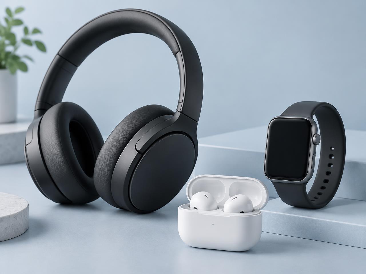 Wireless headphones, earbuds in a charging case and a smartwatch on a light studio surface