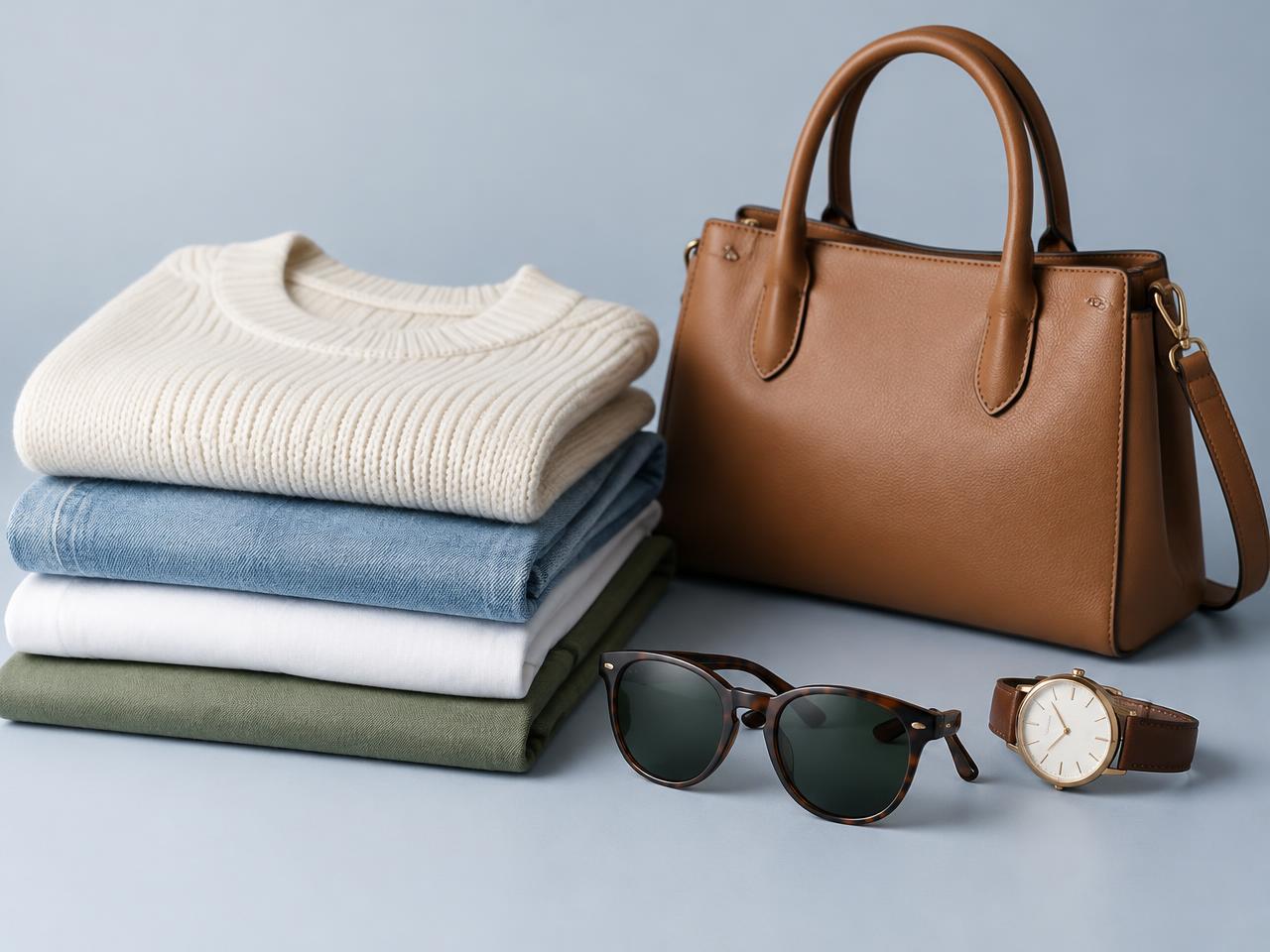 Folded clothing, a handbag, sunglasses and a wristwatch on a light studio surface