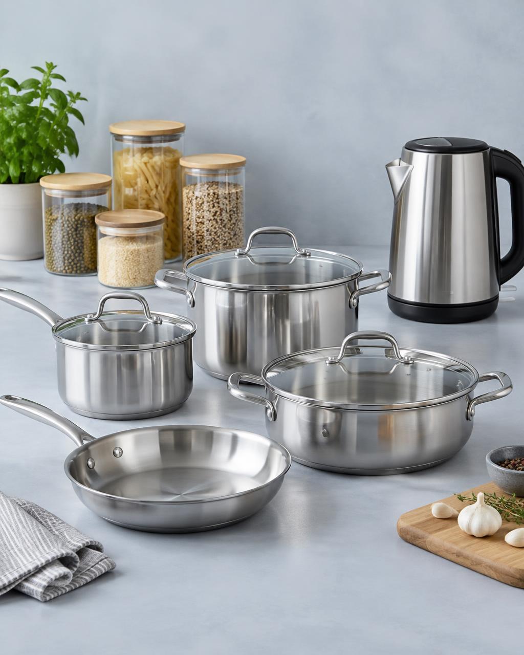 Cookware, storage jars and a kettle arranged on a light studio surface